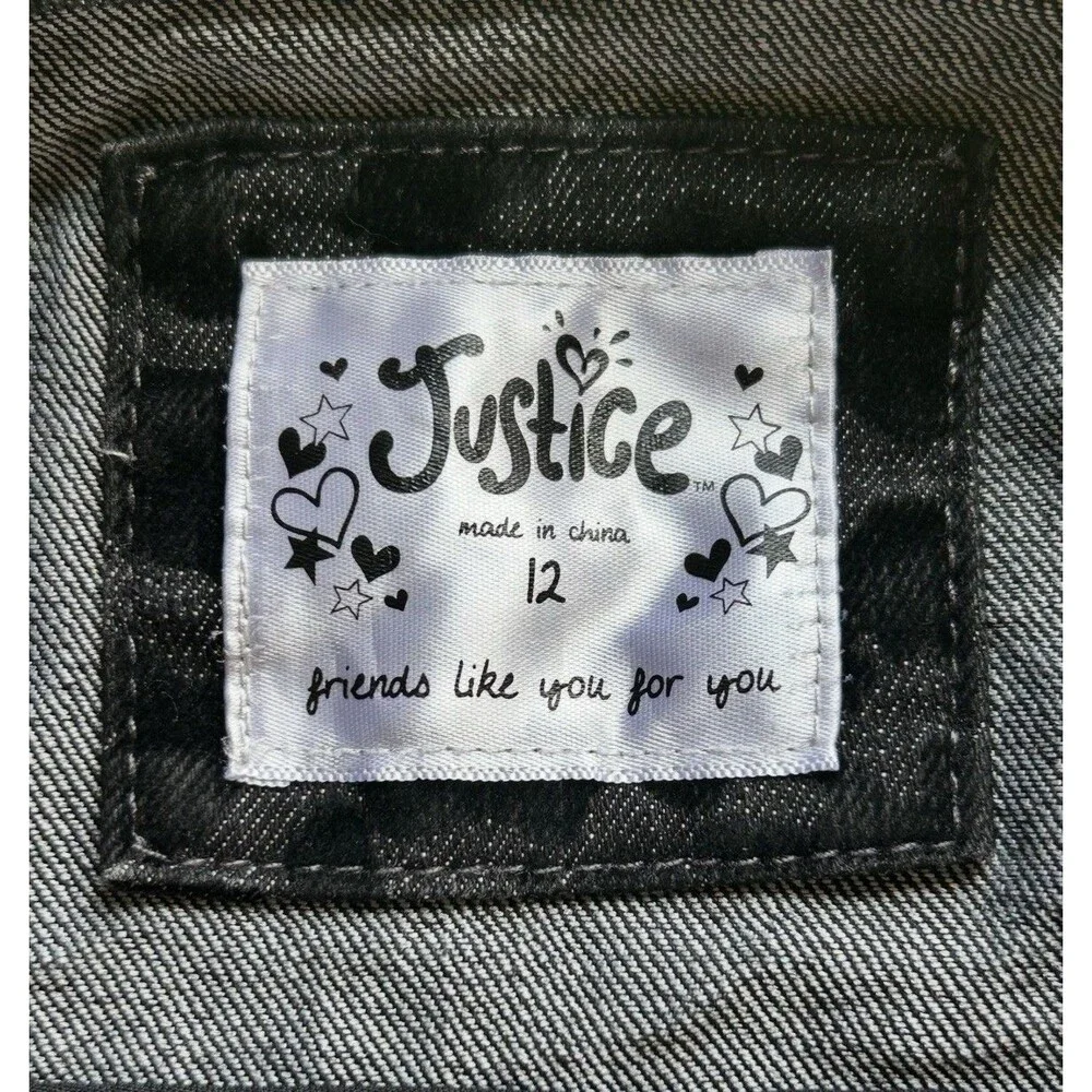 Justice Girls Size 12 Black Grey Leopard Cheetah Print Denim Trucker Jacket EUC